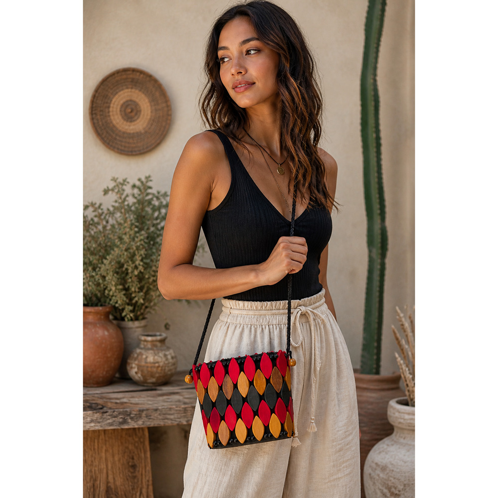 Vintage Artisan Wood Tile Bucket Bag Boho Tribal Bali Style Crossbody Statement